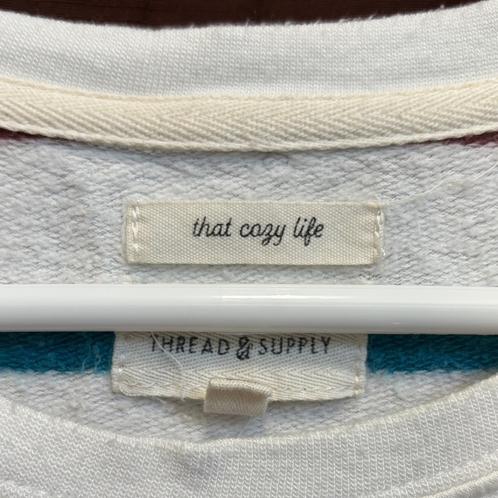 Thread & Supply Cream Long Sleeve Tee with Teal, Pink & Brown Stripes - Picture 2 of 4